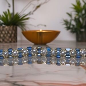 Handmade Elegant Blue and Star Light Gold Beaded Bracelet - One of a kind piece